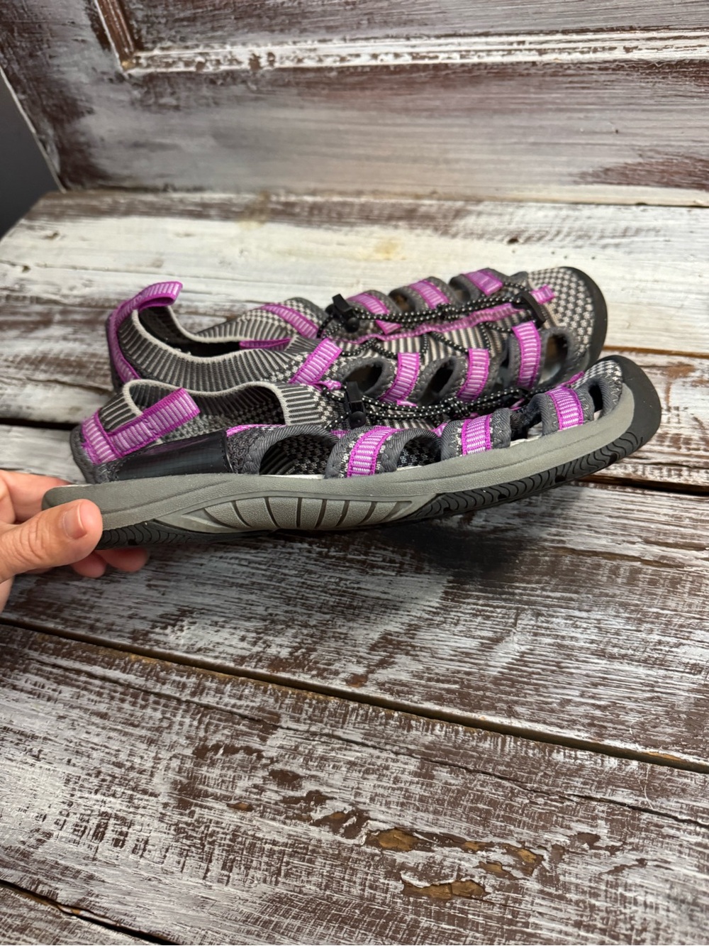 Women’s Grey Sandals with Purple Accents - Picture 3 of 7